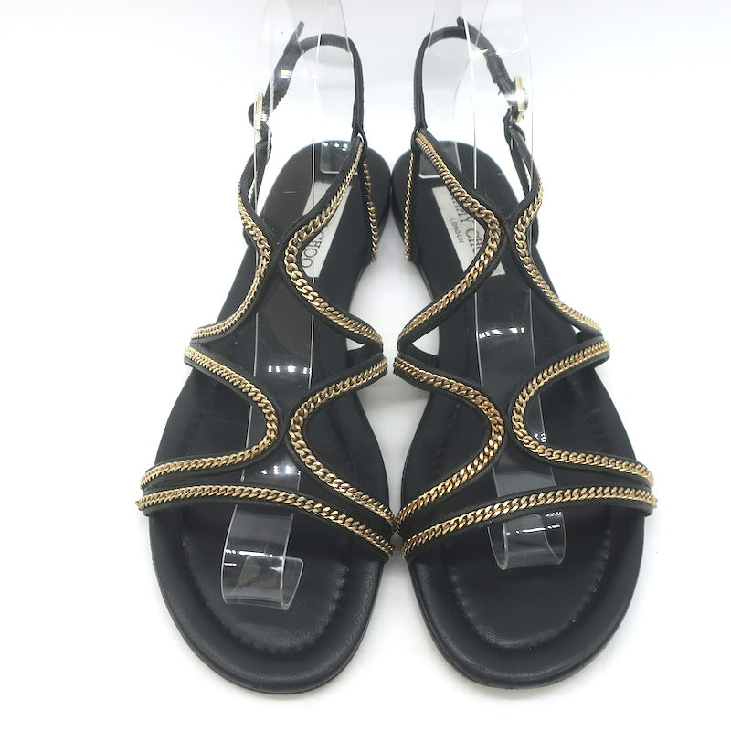 Jimmy Choo Nickel Chain-Trimmed Flat Slingback Sandals Black Leather Size 39