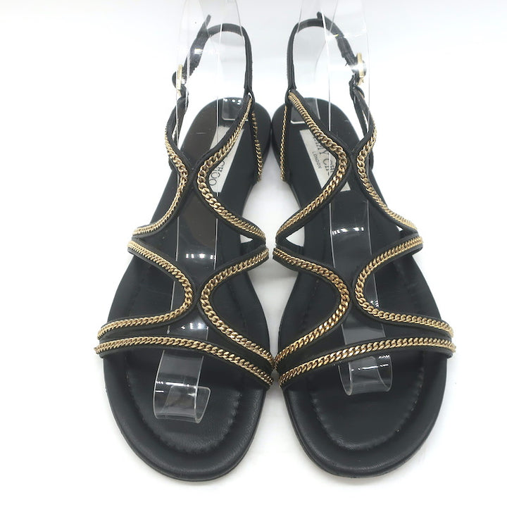 Jimmy Choo Nickel Chain-Trimmed Flat Slingback Sandals Black Leather Size 39
