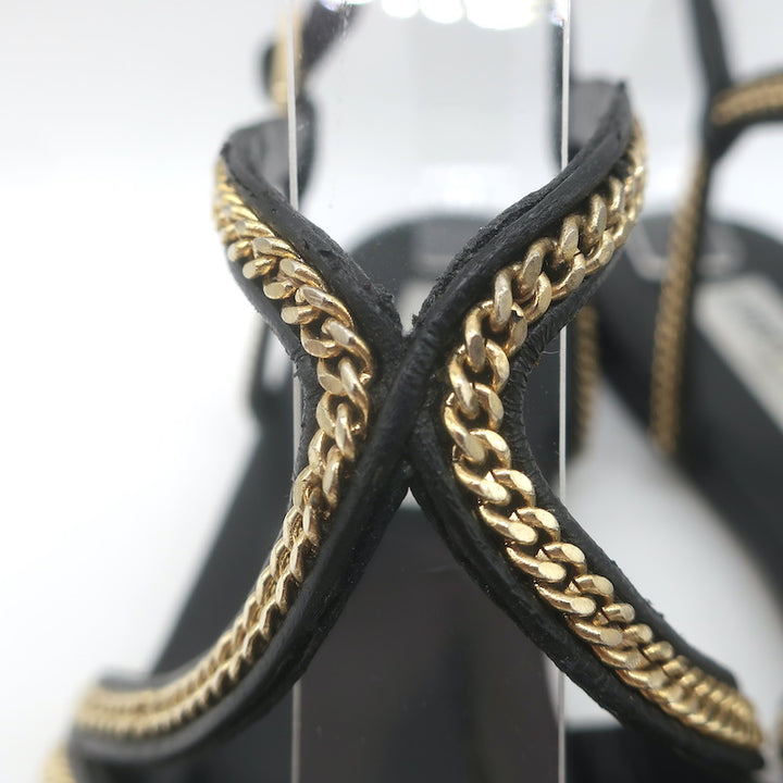 Jimmy Choo Nickel Chain-Trimmed Flat Slingback Sandals Black Leather Size 39
