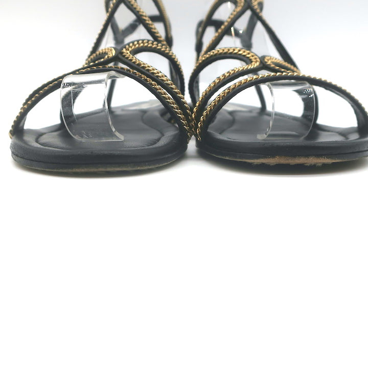 Jimmy Choo Nickel Chain-Trimmed Flat Slingback Sandals Black Leather Size 39