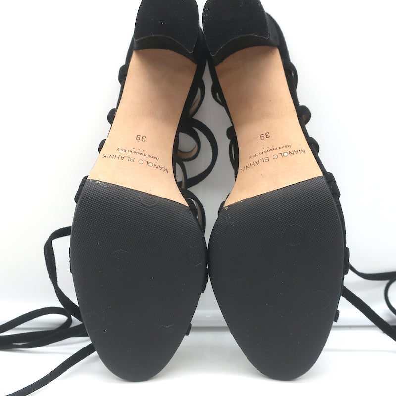 Manolo Blahnik Jena Lace-Up Sandals Black Suede Size 39 Open Toe Heels