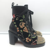 Christian Louboutin Croc Spike Studded Floral-Embroidered Boots Black Size 37.5