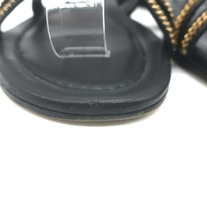 Jimmy Choo Nickel Chain-Trimmed Flat Slingback Sandals Black Leather Size 39