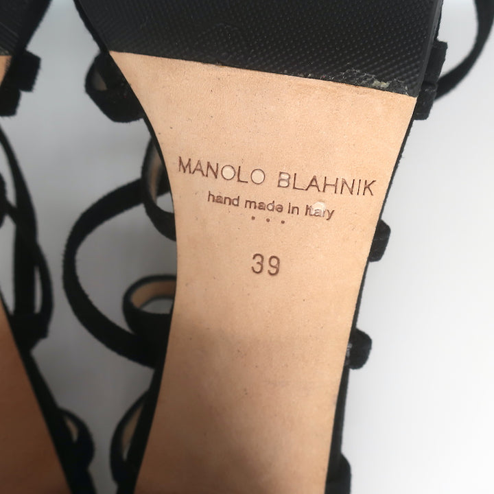 Manolo Blahnik Jena Lace-Up Sandals Black Suede Size 39 Open Toe Heels