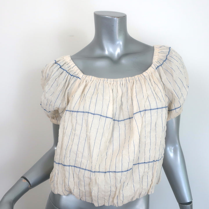 Tory Burch Off the Shoulder Cropped Top Ivory/Blue Striped Cotton Size Medium