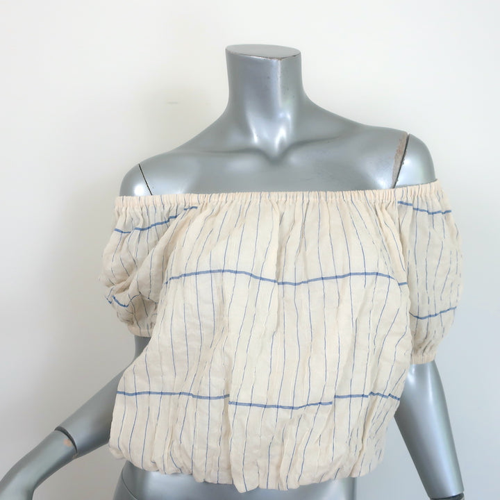 Tory Burch Off the Shoulder Cropped Top Ivory/Blue Striped Cotton Size Medium