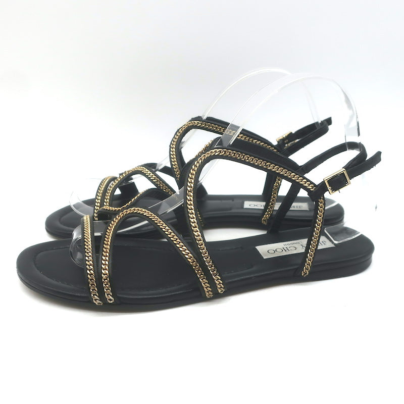Jimmy Choo Nickel Chain-Trimmed Flat Slingback Sandals Black Leather Size 39