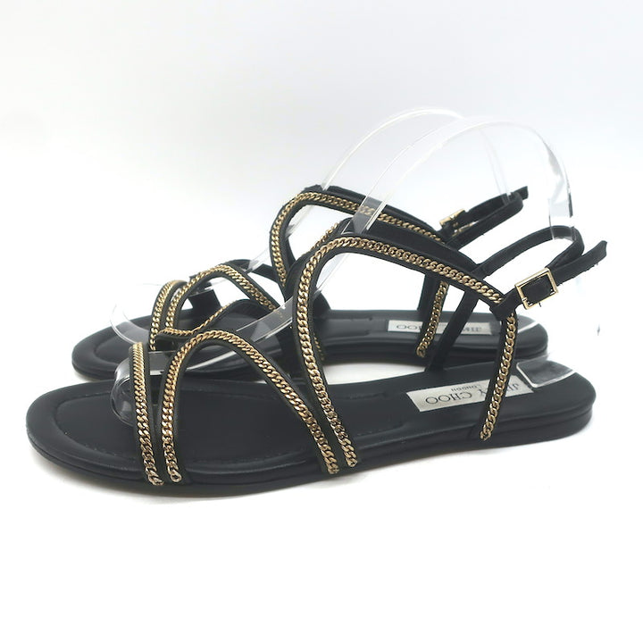 Jimmy Choo Nickel Chain-Trimmed Flat Slingback Sandals Black Leather Size 39