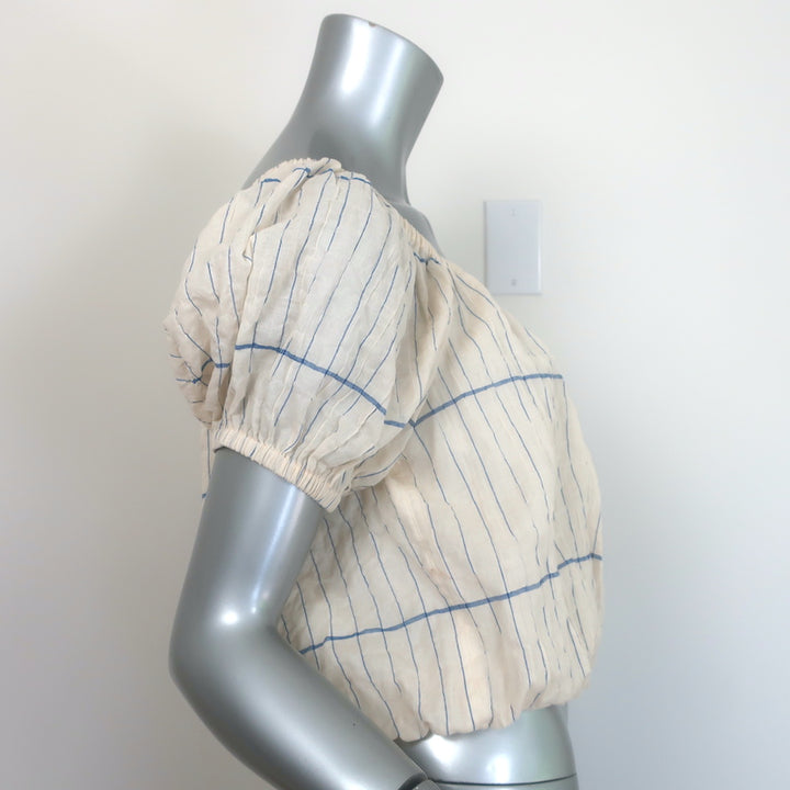 Tory Burch Off the Shoulder Cropped Top Ivory/Blue Striped Cotton Size Medium
