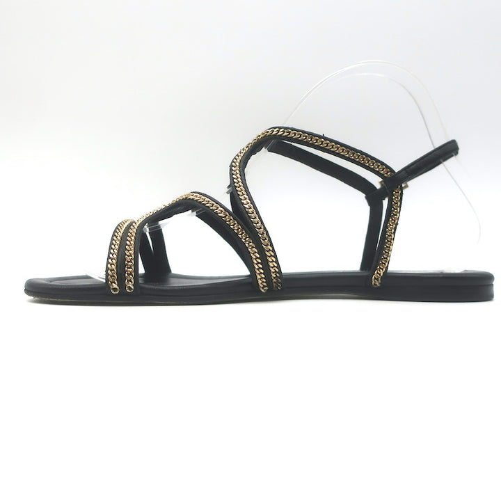 Jimmy Choo Nickel Chain-Trimmed Flat Slingback Sandals Black Leather Size 39