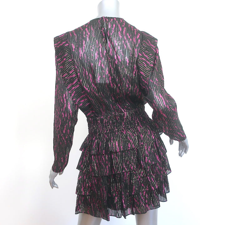 IRO Anael Ruffled Mini Dress Black/Fuchsia Lurex-Striped Silk Size 36 NEW