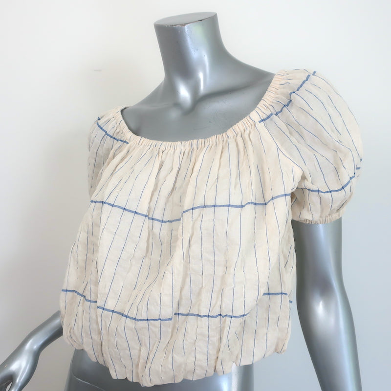 Tory Burch Off the Shoulder Cropped Top Ivory/Blue Striped Cotton Size Medium