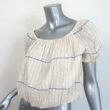 Tory Burch Off the Shoulder Cropped Top Ivory/Blue Striped Cotton Size Medium