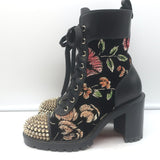 Christian Louboutin Croc Spike Studded Floral-Embroidered Boots Black Size 37.5