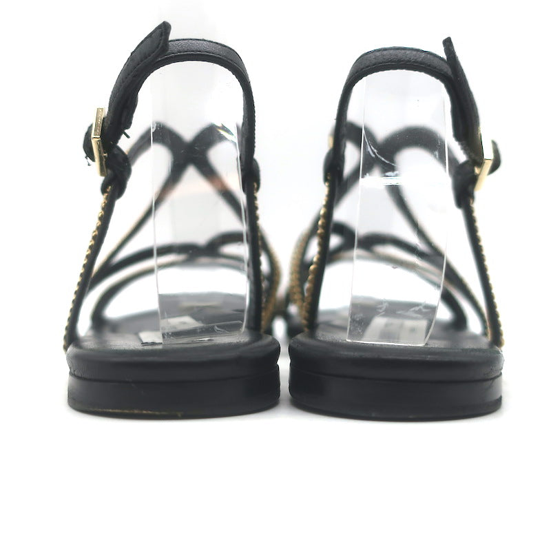 Jimmy Choo Nickel Chain-Trimmed Flat Slingback Sandals Black Leather Size 39