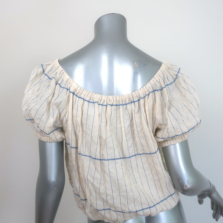 Tory Burch Off the Shoulder Cropped Top Ivory/Blue Striped Cotton Size Medium