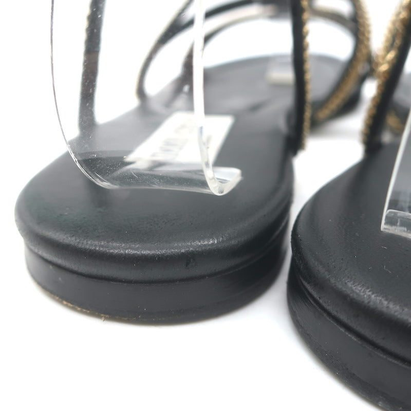 Jimmy Choo Nickel Chain-Trimmed Flat Slingback Sandals Black Leather Size 39