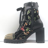 Christian Louboutin Croc Spike Studded Floral-Embroidered Boots Black Size 37.5