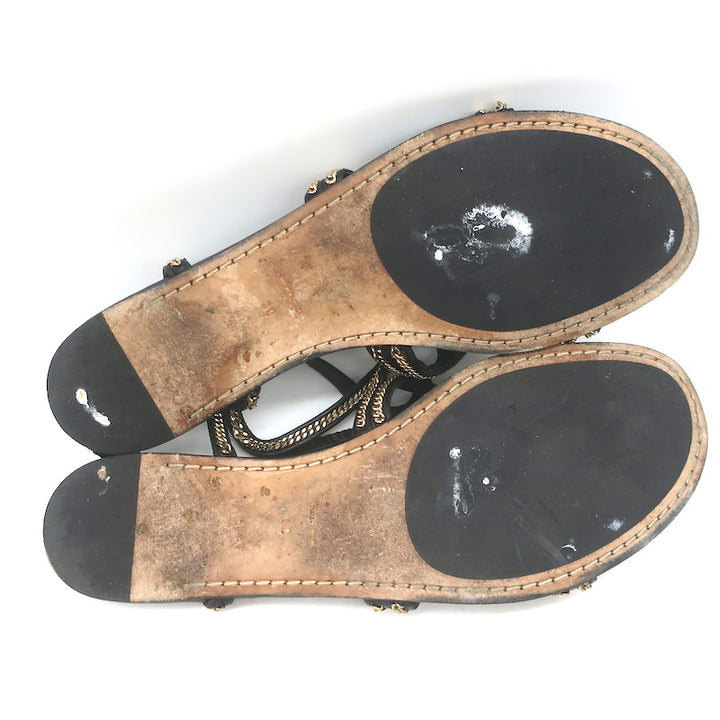 Jimmy Choo Nickel Chain-Trimmed Flat Slingback Sandals Black Leather Size 39