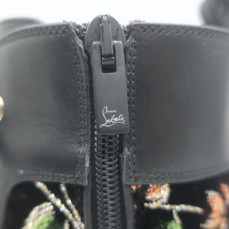 Christian Louboutin Croc Spike Studded Floral-Embroidered Boots Black Size 37.5