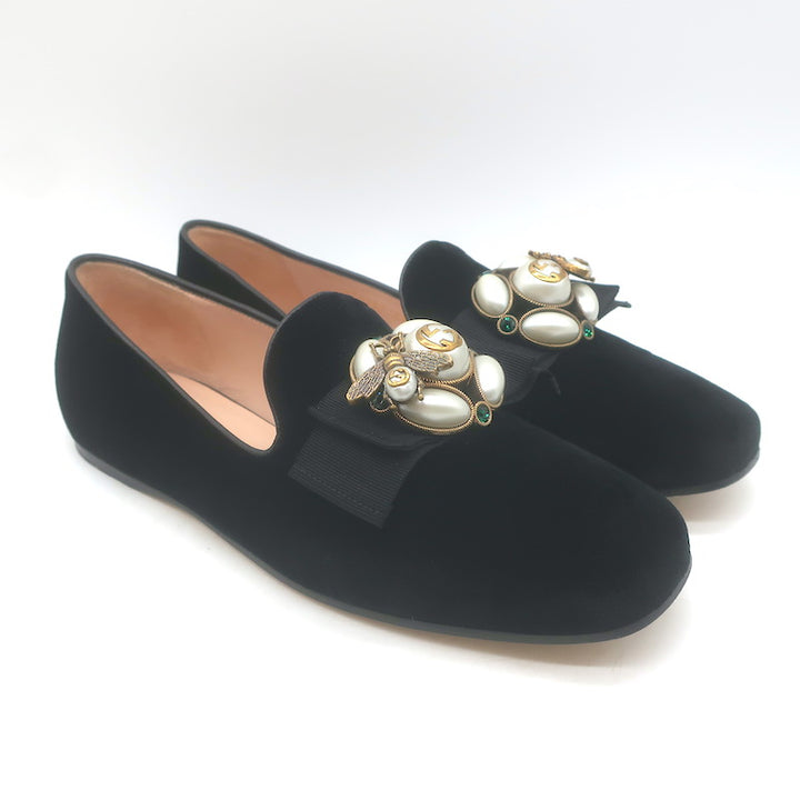 Gucci Etoile Faux Pearl &amp; Bee Embellished Velvet Loafers Black Size 38