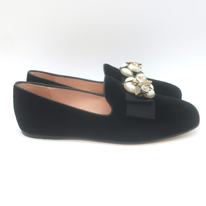 Gucci Etoile Faux Pearl &amp; Bee Embellished Velvet Loafers Black Size 38