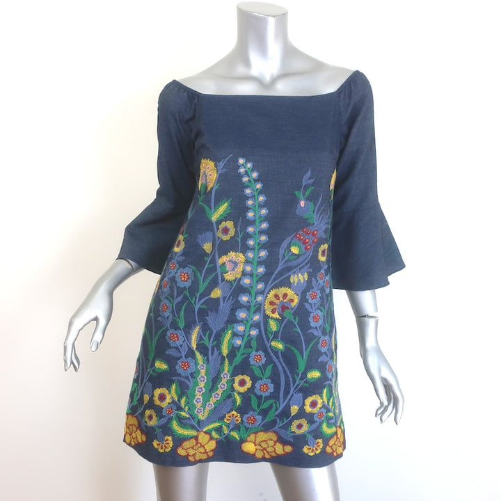 Alice + Olivia Floral-Embroidered Chambray Mini Dress Blue Size Extra Small
