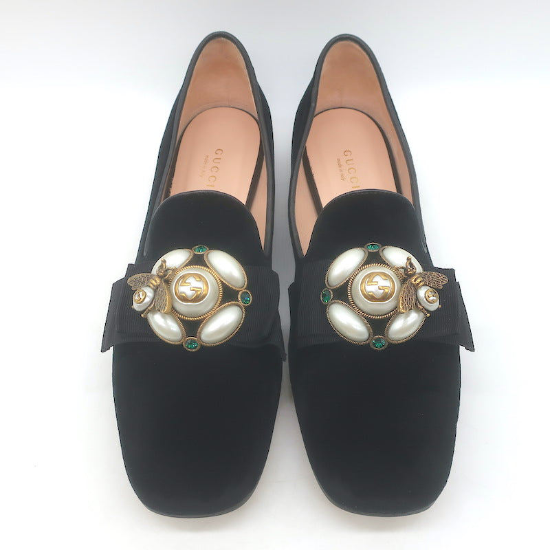 Gucci Etoile Faux Pearl &amp; Bee Embellished Velvet Loafers Black Size 38