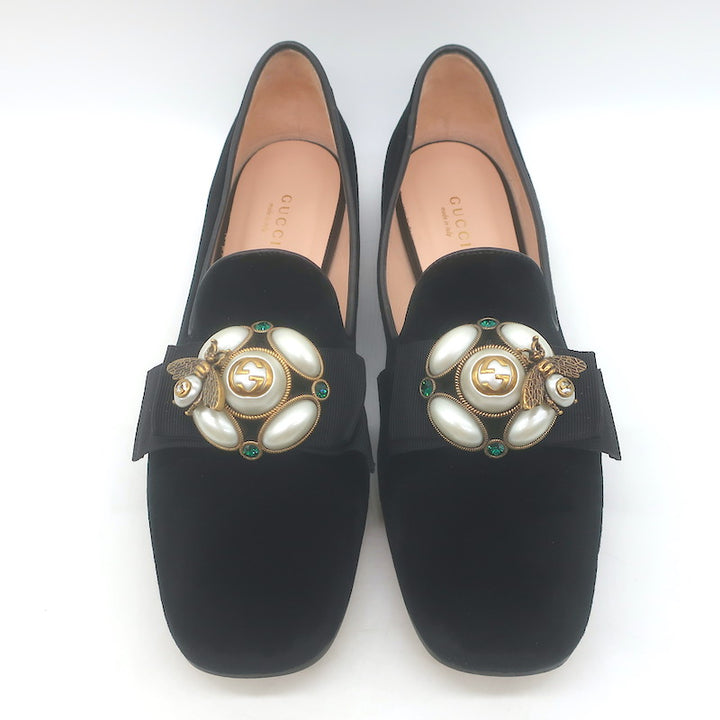 Gucci Etoile Faux Pearl &amp; Bee Embellished Velvet Loafers Black Size 38
