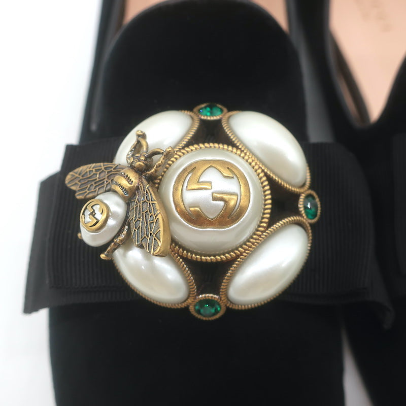 Gucci Etoile Faux Pearl &amp; Bee Embellished Velvet Loafers Black Size 38