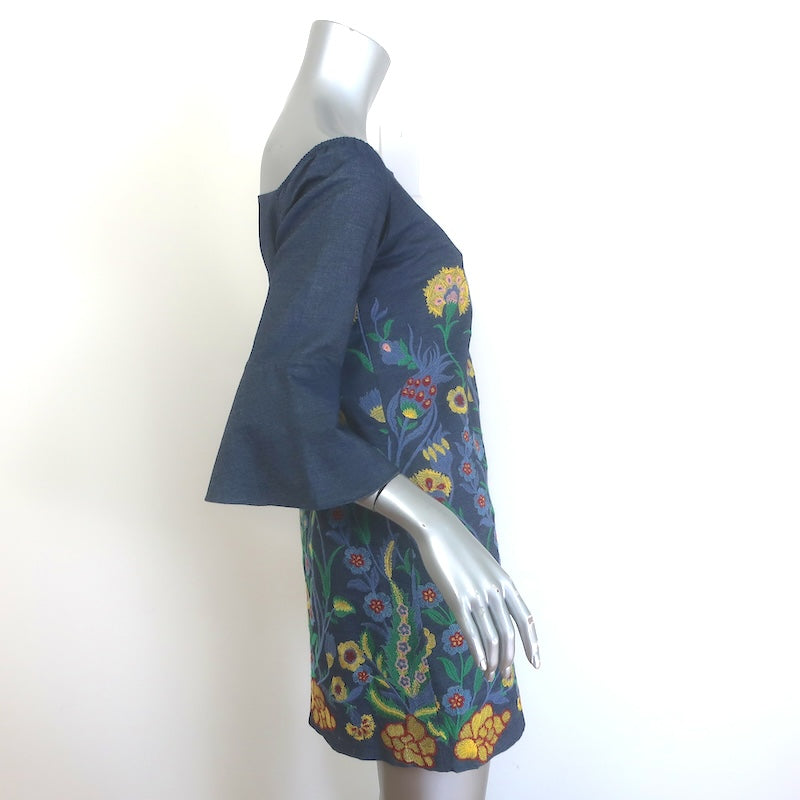 Alice + Olivia Floral-Embroidered Chambray Mini Dress Blue Size Extra Small