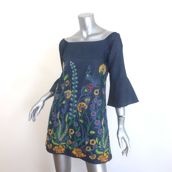 Alice + Olivia Floral-Embroidered Chambray Mini Dress Blue Size Extra Small