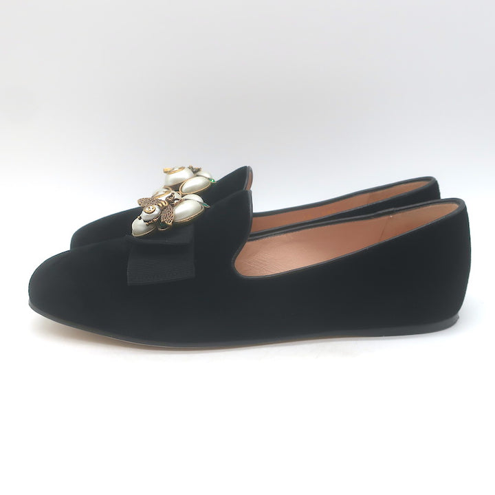 Gucci Etoile Faux Pearl &amp; Bee Embellished Velvet Loafers Black Size 38