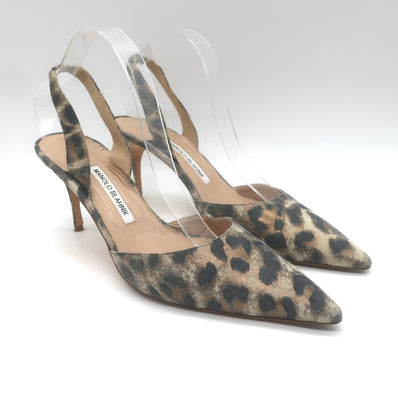 Manolo Blahnik Carolyne Metallic Leopard Print Suede Slingback Pumps Size 41