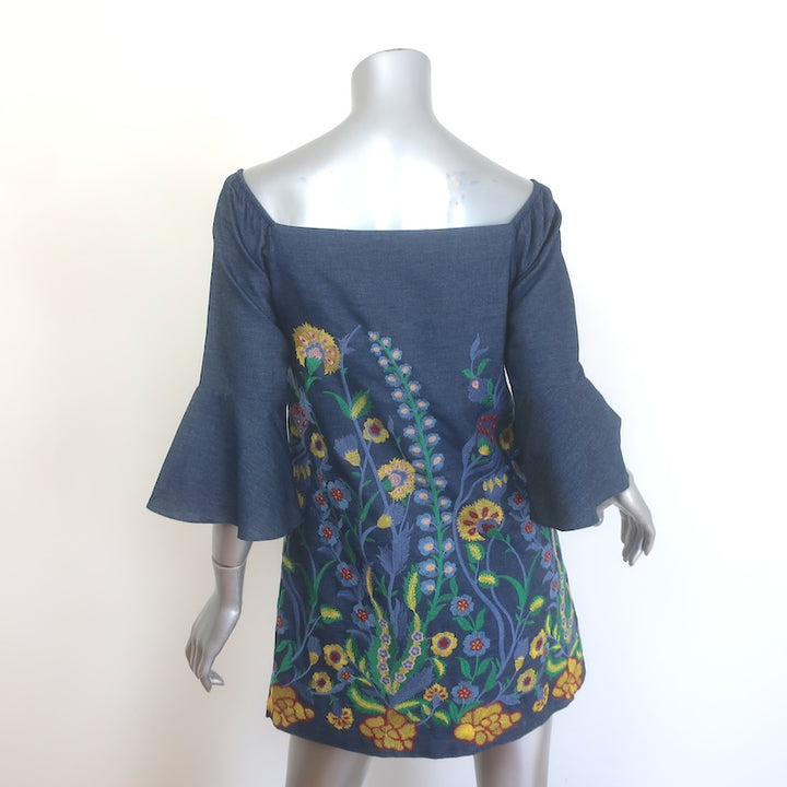 Alice + Olivia Floral-Embroidered Chambray Mini Dress Blue Size Extra Small