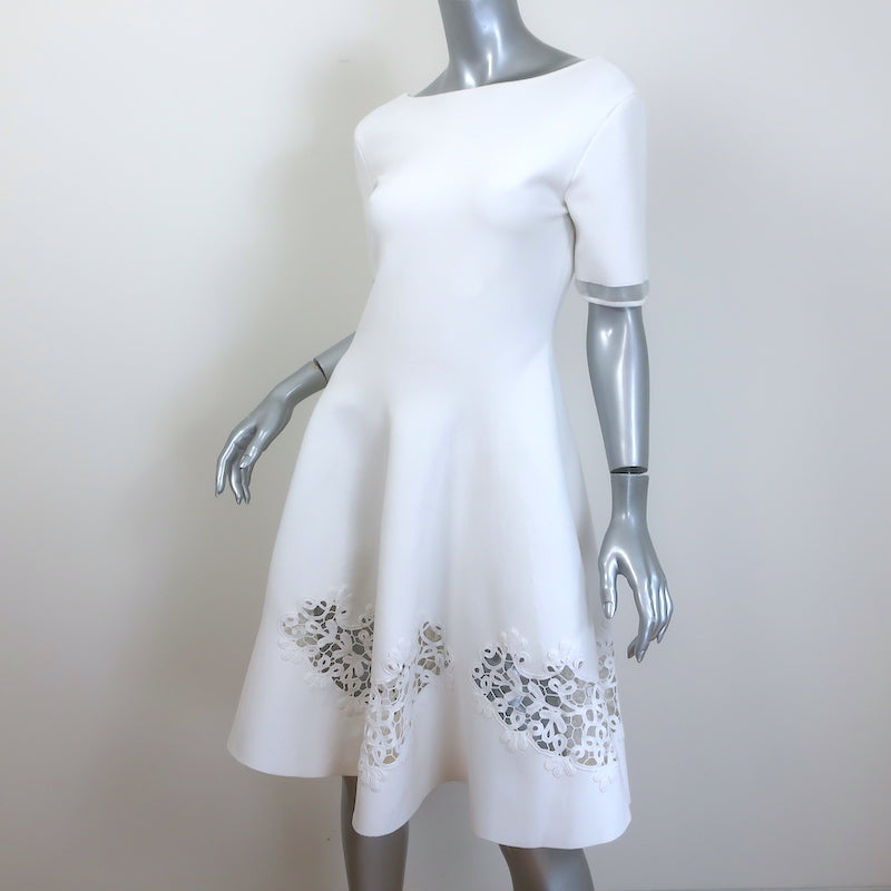 Oscar de la Renta Guipure Lace-Trimmed Dress White Stretch Knit Size Large