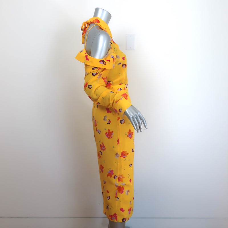 Altuzarra Cold Shoulder Midi Dress Yellow Floral Print Silk Crepe Size 38