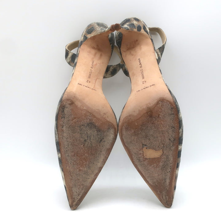 Manolo Blahnik Carolyne Metallic Leopard Print Suede Slingback Pumps Size 41