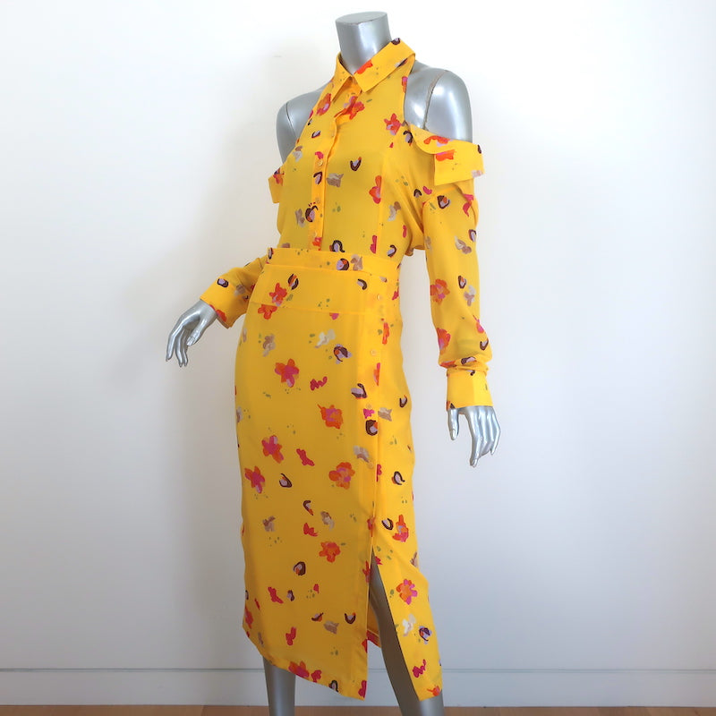 Altuzarra Cold Shoulder Midi Dress Yellow Floral Print Silk Crepe Size 38