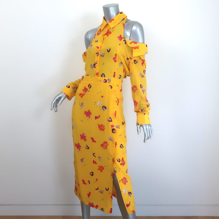Altuzarra Cold Shoulder Midi Dress Yellow Floral Print Silk Crepe Size 38