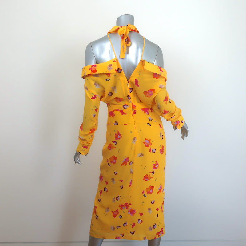 Altuzarra Cold Shoulder Midi Dress Yellow Floral Print Silk Crepe Size 38