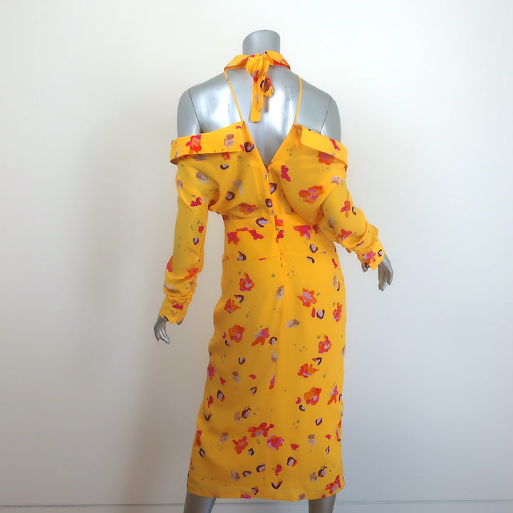 Altuzarra Cold Shoulder Midi Dress Yellow Floral Print Silk Crepe Size 38