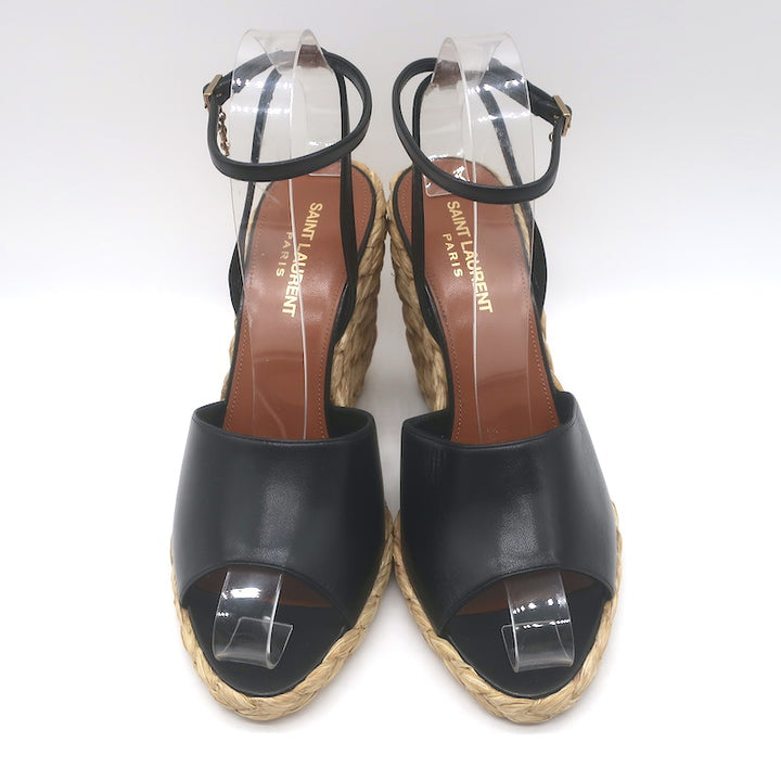 Saint Laurent Paloma 95 Espadrille Wedge Sandals Black Leather Size 38 NEW