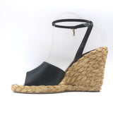 Saint Laurent Paloma 95 Espadrille Wedge Sandals Black Leather Size 38 NEW