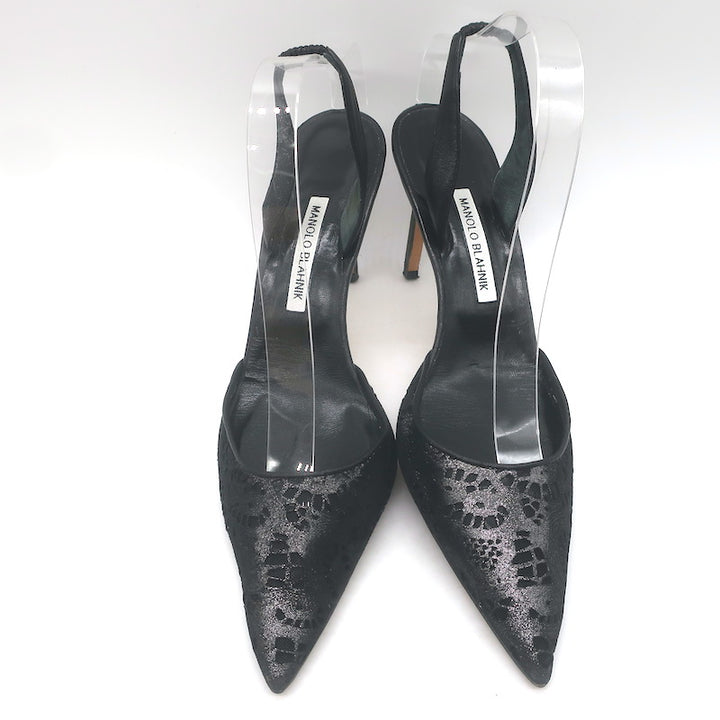 Manolo Blahnik Carolyne Metallic Laser Cut Slingback Pumps Black Size 42