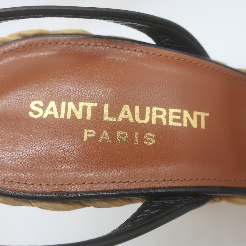 Saint Laurent Paloma 95 Espadrille Wedge Sandals Black Leather Size 38 NEW