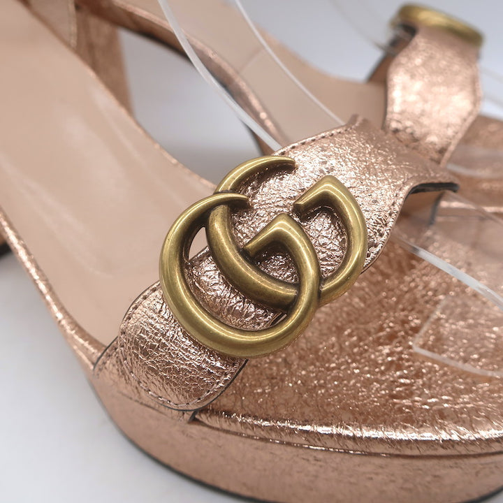 Gucci GG Marmont Ankle Strap Platform Sandals Pink Metallic Leather Size 38