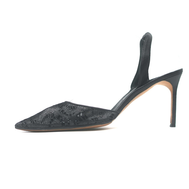 Manolo Blahnik Carolyne Metallic Laser Cut Slingback Pumps Black Size 42