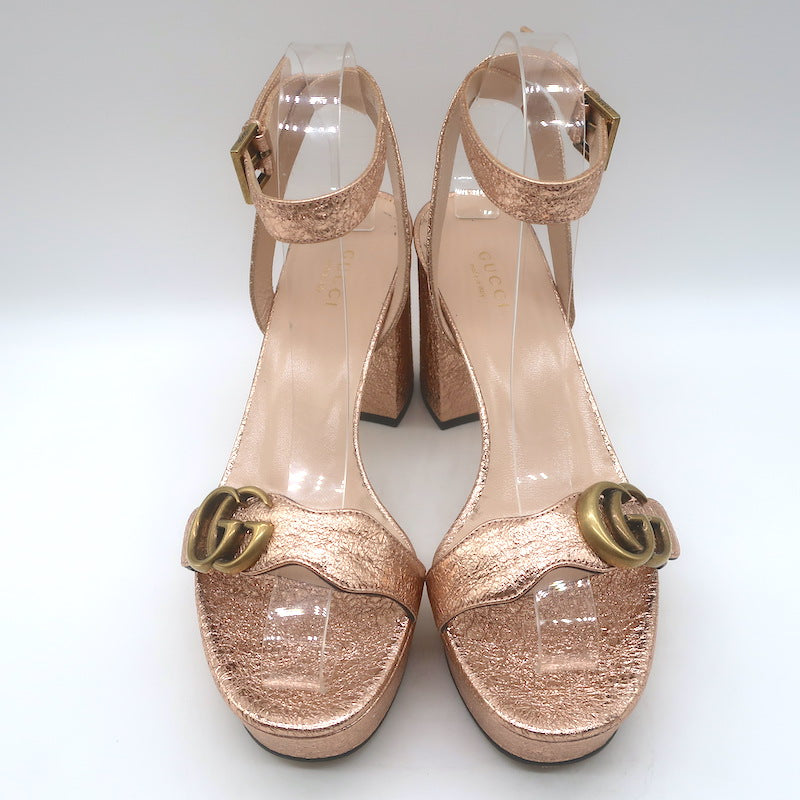 Gucci GG Marmont Ankle Strap Platform Sandals Pink Metallic Leather Size 38