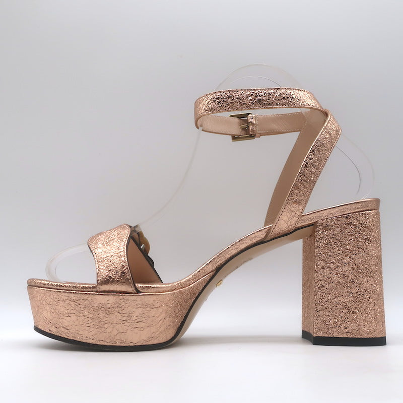 Gucci GG Marmont Ankle Strap Platform Sandals Pink Metallic Leather Size 38